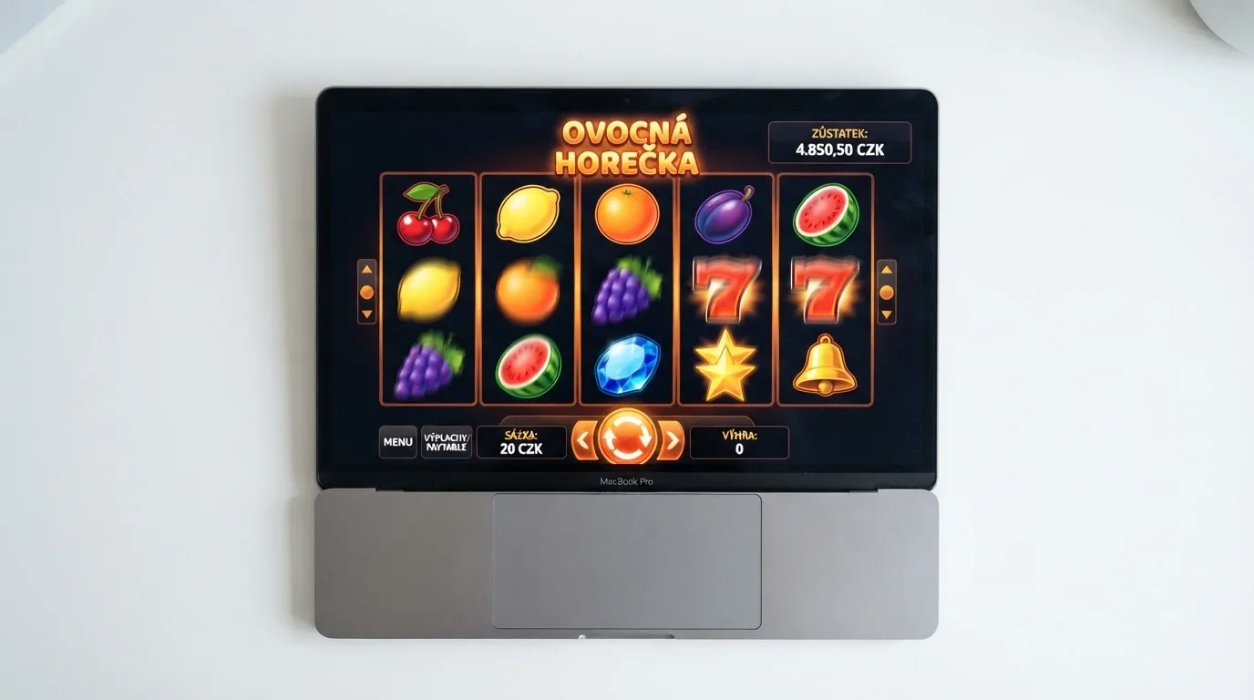 Rozhraní výherního automatu s barevnými válci a tlačítkem pro zatočení, v rohu indikátor zůstatku v CZK