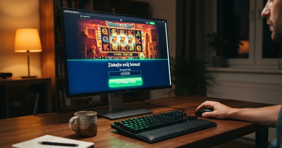 Online casino bonusová sekce s polem pro zadání promo kódu na obrazovce počítače