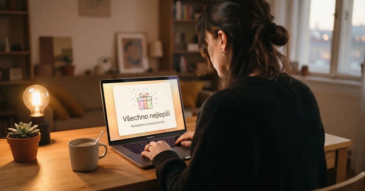 Obrazovka notebooku zobrazující notifikaci narozeninového bonusu v českém online casinu s dárkovou ikonou a nápisem „Všechno nejlepší“