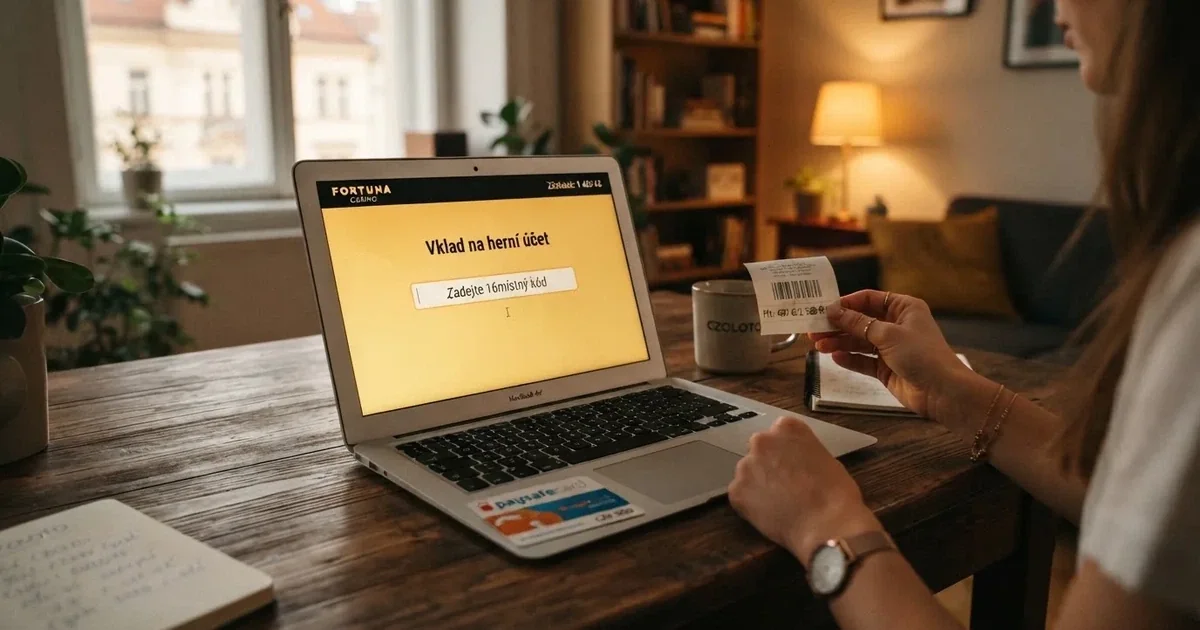 Paysafecard voucher a české online kasino na obrazovce notebooku — hráč zadává 16místný PIN kód do pole pro vklad