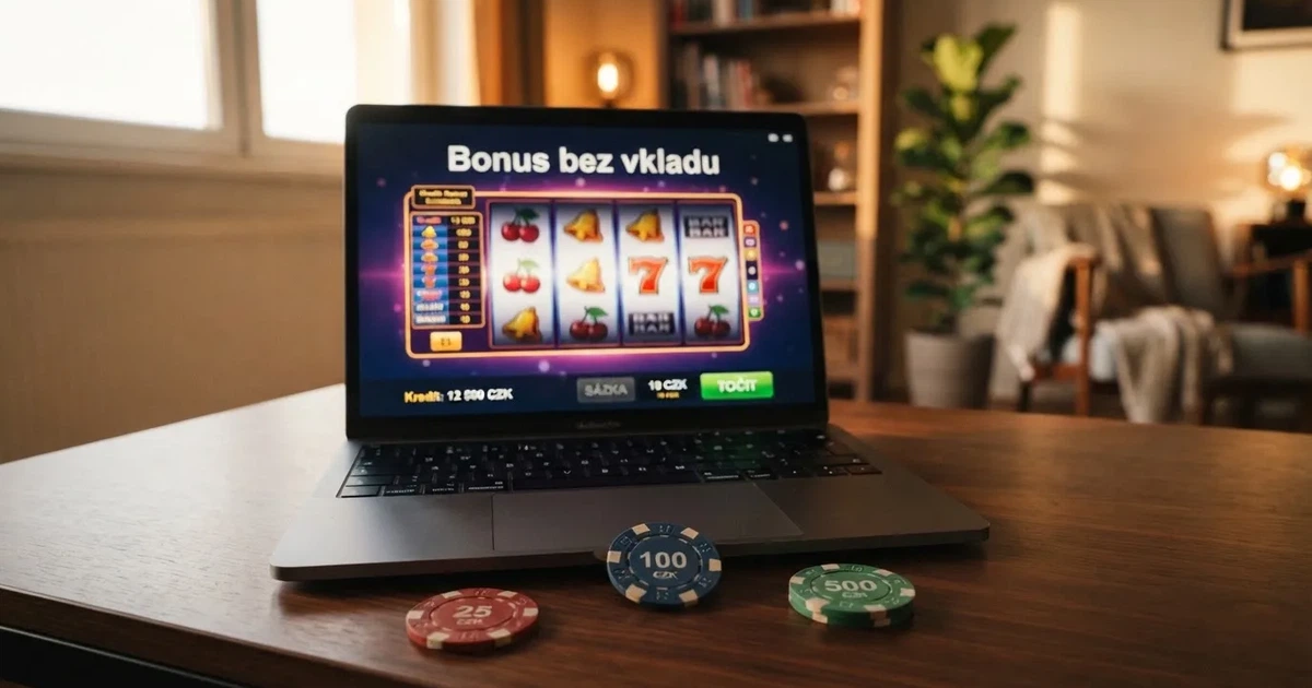 Herní automat s nápisem „Bonus bez vkladu“ na obrazovce notebooku, vedle leží český občanský průkaz