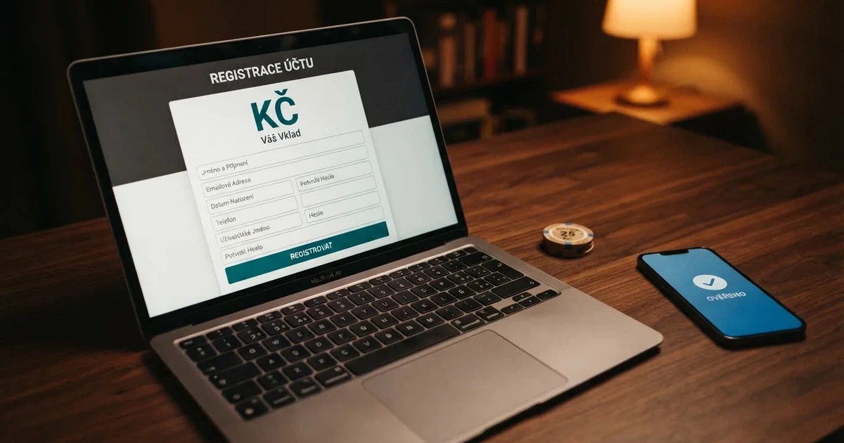 Registrační formulář zahraničního online casina na obrazovce notebooku, vedle něj leží český občanský průkaz a mobilní telefon s otevřenou aplikací Bank iD