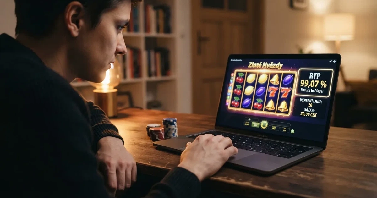Hráč u online automatu, na obrazovce viditelná tabulka s hodnotou RTP 99,07 % a nápis Return to Player