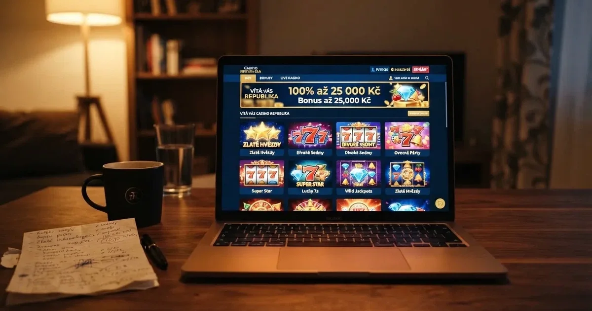 Rozhraní online casina s nabídkou výherních automatů, uvítacím bonusem a logy licencovaných provozovatelů na obrazovce notebooku