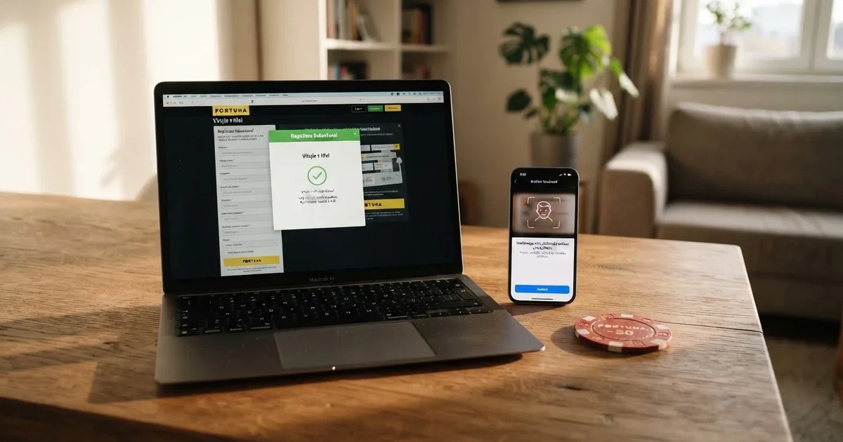 České online casino na obrazovce notebooku, vedle mobil s otevřenou registrací, na stole leží občanský průkaz — scéna dokončování registrace pro získání bonusu