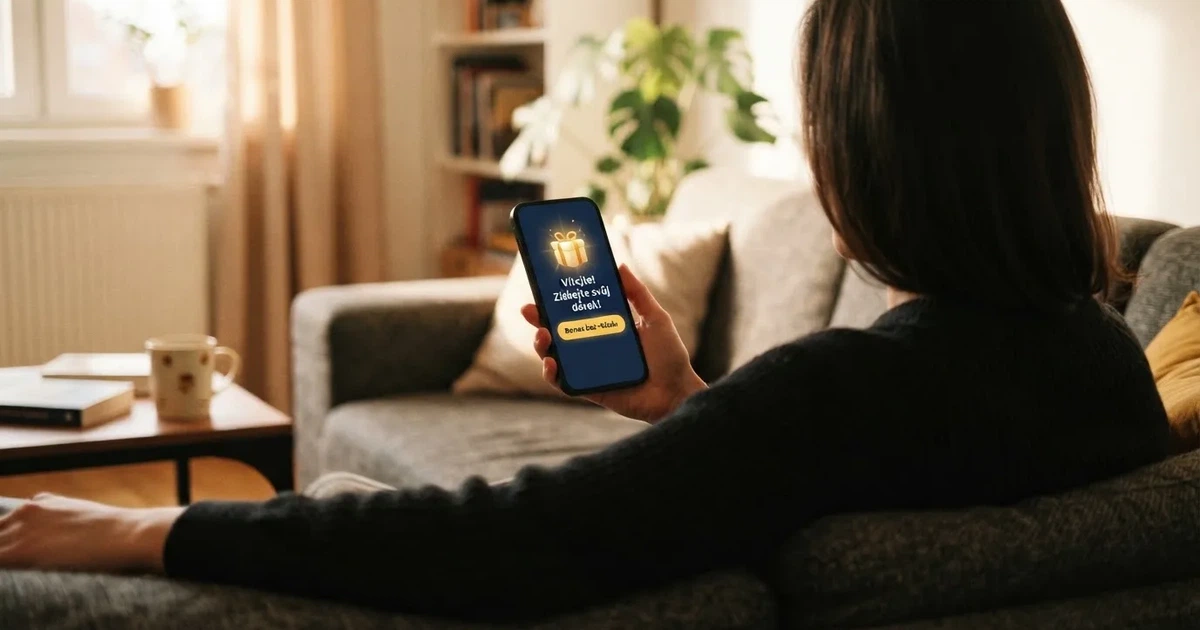 Hráč u mobilního telefonu, na jehož displeji je vidět uvítací obrazovka českého online casina s nápisem „Bonus bez vkladu“