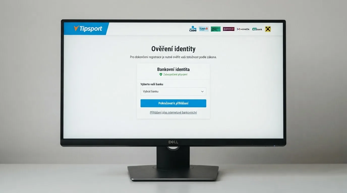 Obrazovka počítače s rozhraním BankID — přihlašovací stránka internetového bankovnictví s logem české banky a nápisem „Ověřuji svou totožnost pro online casino“