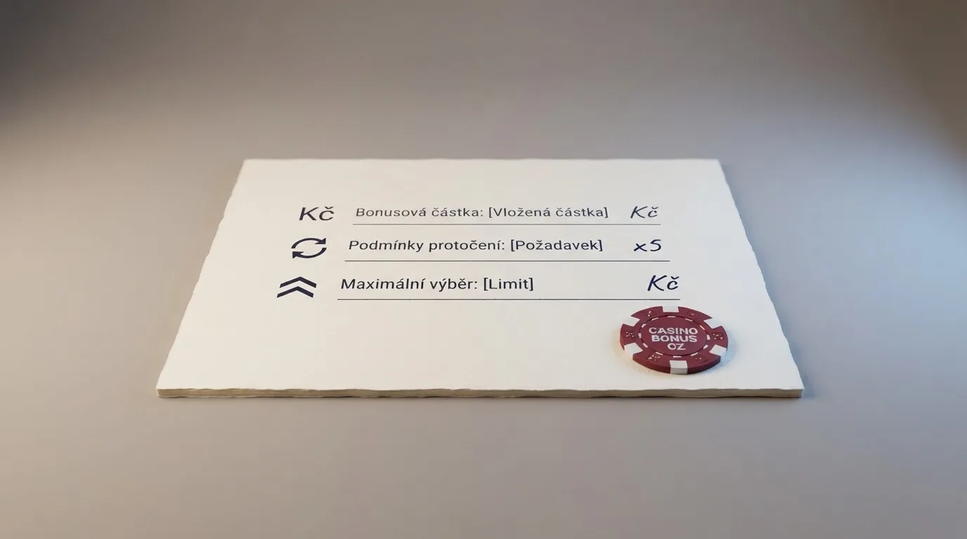 Infografika znázorňující typické podmínky bonusu bez vkladu — výše bonusu, protočení, maximální výběr