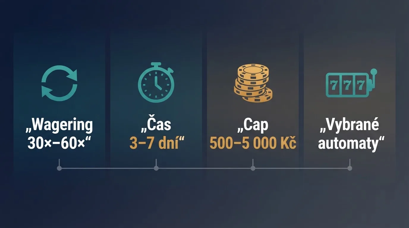 Přehledná infografika znázorňující čtyři klíčové parametry — wagering, čas, cap a automat
