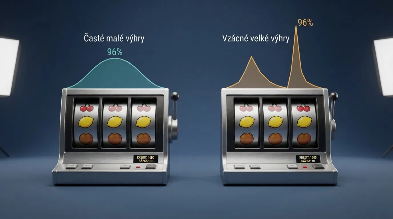Grafické znázornění rozdílu mezi nízkou a vysokou volatilitou u výherních automatů – časté drobné výhry vs občasné jackpoty