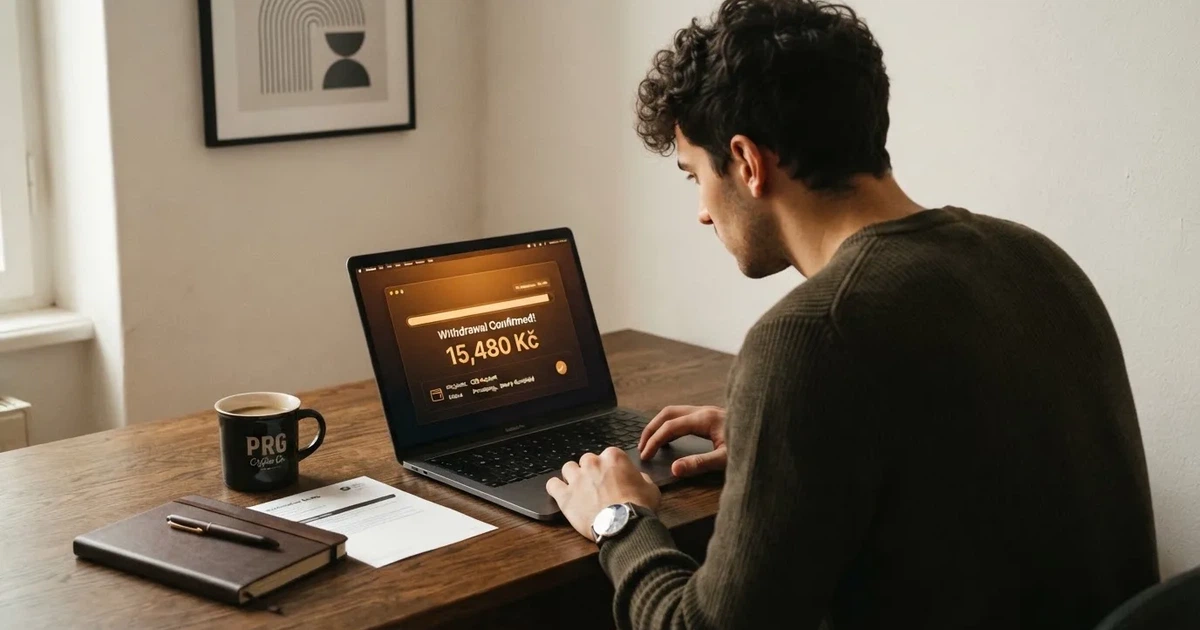 Hráč u notebooku sledující stav výběru výhry z online casina