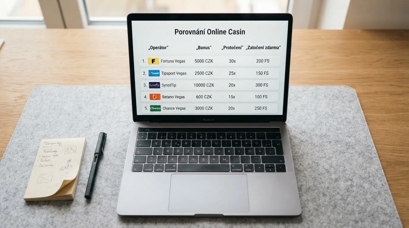 Srovnávací tabulka deseti operátorů s českou licencí na obrazovce notebooku, zvýrazněné sloupce s hodnotou bonusu a podmínkami protočení