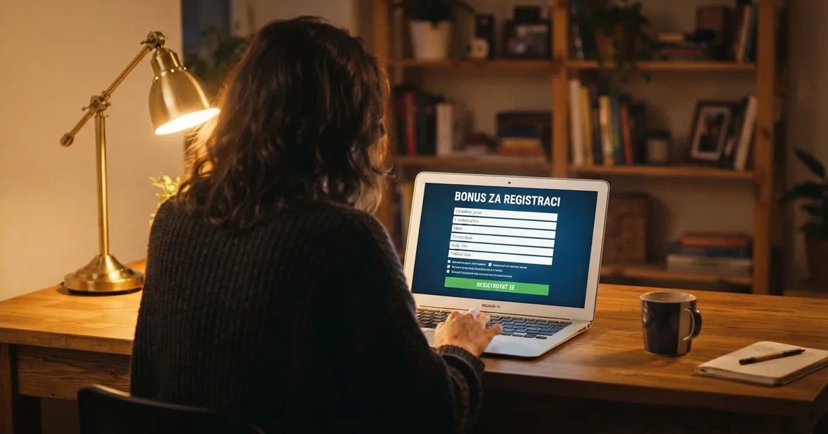 Hráč u notebooku si prohlíží registrační formulář online casina, na obrazovce je vidět pole pro zadání osobních údajů a nápis „bonus za registraci“.
