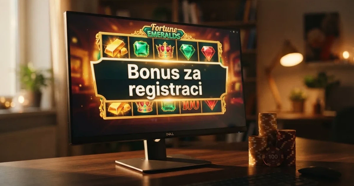 Výkladní skříň online casina s nápisem „bonus za registraci“ na monitoru počítače