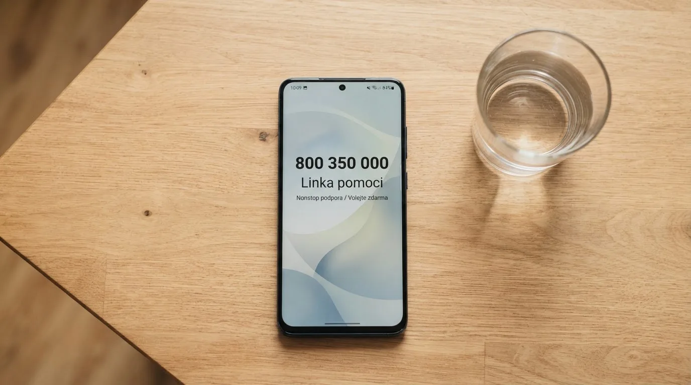 Mobilní telefon s číslem linky pomoci 800 350 000 na displeji, položený na stole vedle sklenice vody
